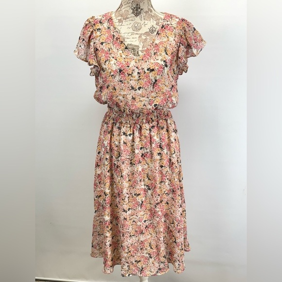 MSK Cream and pink floral elastic waist midi dress size MP - Picture 10 of 16